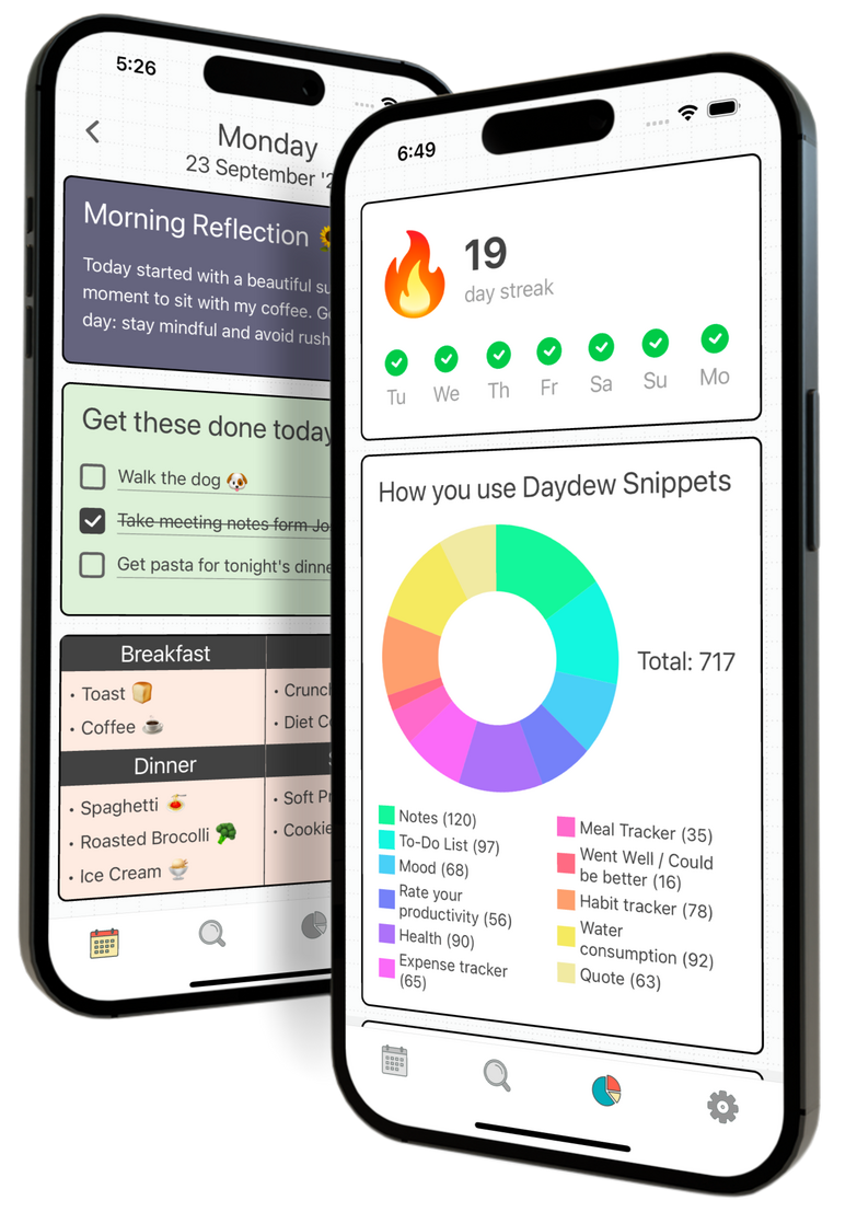 DayDew journal app on two iPhones: a daily journal page and a stats screen with a day streak and snippet chart
