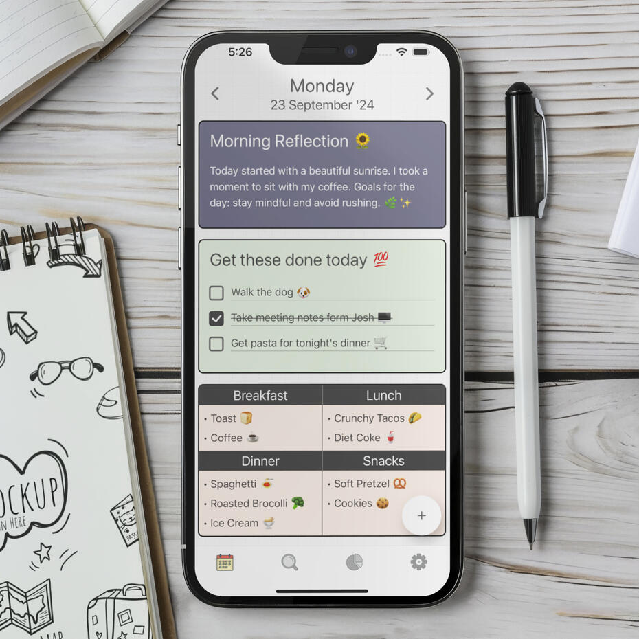 DayDew digital journal page with a morning reflection note, to-do list and meal tracker